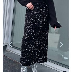 Oak and Fort black velvet sequin midi skirt